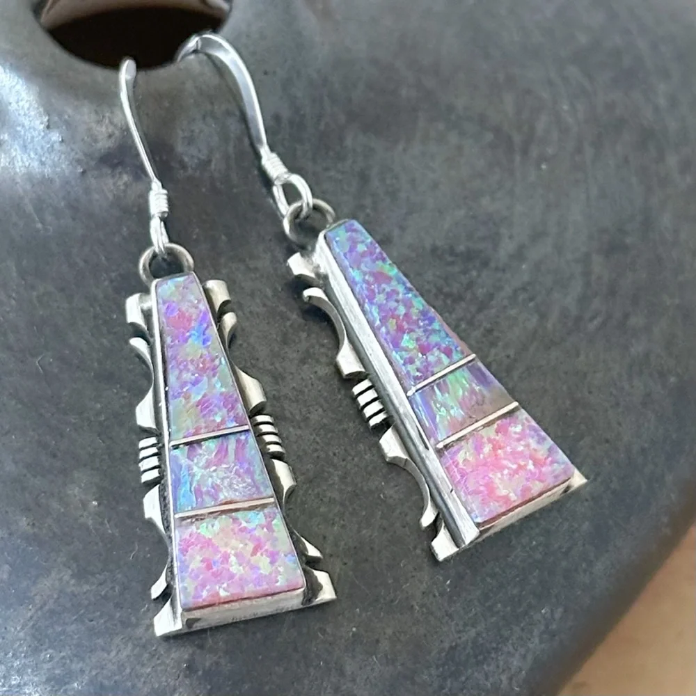 Native American made Sterling Silver Opal Earrings Navajo Artist Steve Francisco